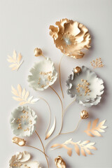 faded pastel and gold metallic flowers on white background.Generative AI