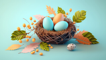 Easter eggs in a basket with flowers