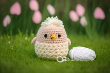 chicken and chick knitting art illustration cute suitable for children's books, children's animal photos created using artificial intelligence