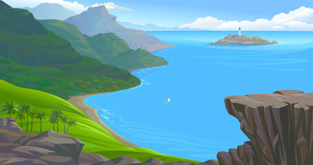 A yacht sailing towards an island with a lighthouse and a big blue ocean.