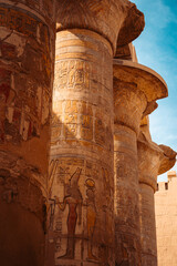 Open Papyrus Umbel Capitals and Architrave in Hypostyle Hall, Karnak Temple, Luxor Egypt