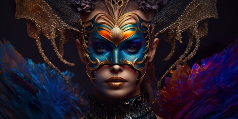 Beautiful young woman in carnival and masquerade costume on gradient in neon light. facemask. 