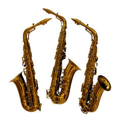 Naklejka premium 3d rendering of saxophone wind instrument shiny gold golden color perspective view