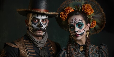 Amazed guy and girl with painted faces for halloween look in fright. shot of couple in national mexican costumes. Generative AI