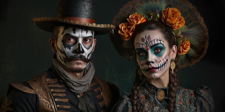 Amazed guy and girl with painted faces for halloween look in fright. shot of couple in national mexican costumes. Generative AI