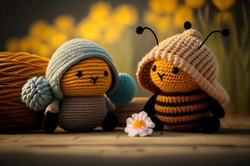 bee knitting art illustration cute suitable for children's books, children's animal photos created using artificial intelligence