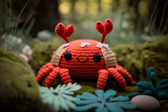 crab knitting art illustration cute suitable for children's books, children's animal photos created using artificial intelligence