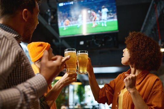 Happy friends drinking beer and cheering together in sports bar