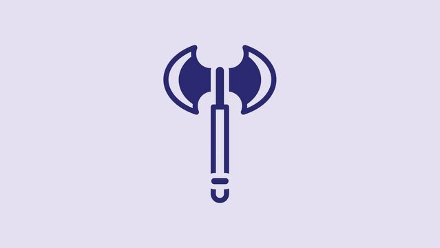 Blue Medieval axe icon isolated on purple background. Battle axe, executioner axe. Medieval weapon. 4K Video motion graphic animation
