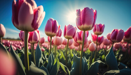 Pink tulips against blue sky, close up. Blur Spring field background. Generative AI