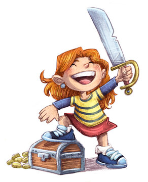 Illustration of little pirate girl with sword and treasure chest
