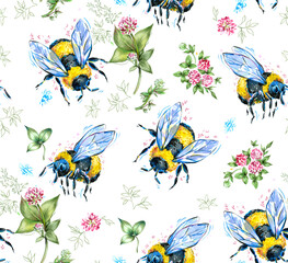 Trendy stylish hand drawn seamless abstract graphic summer pattern for wallpaper backgrounds fabric posters textile and decor with big bees and clover flowers on white background.
