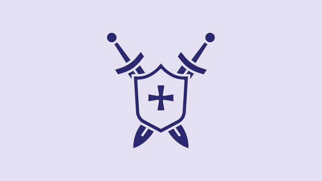 Blue Medieval shield with crossed swords icon isolated on purple background. 4K Video motion graphic animation