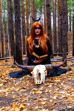 a girl with red hair in a Gothic Halloween image is sitting in a forest with a cow skull in an autumn forest in the background pine forest wide angle lens perspective vertical image