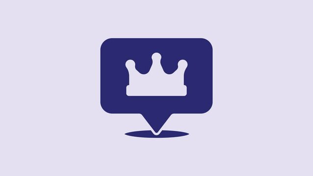 Blue Location king crown icon isolated on purple background. 4K Video motion graphic animation