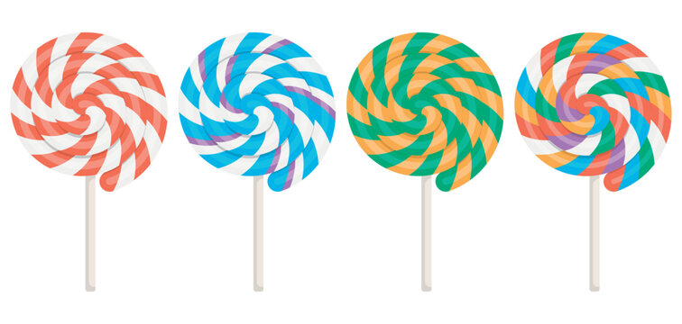 Lollipop with spiral. Twisted sucker candy on stick. Set of round candies with striped swirls. Vector illustration.