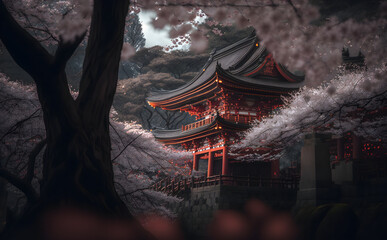 Japan Temple with White Sakura Trees, Japanese Temple with White Cherry Blossom