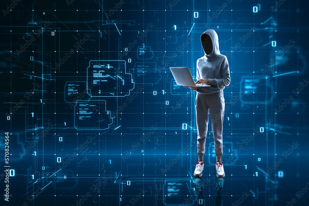 Poster Hacker using laptop with glowing tech metaverse grid on blurry background. Connection technology, hacking and laser mesh concept.
