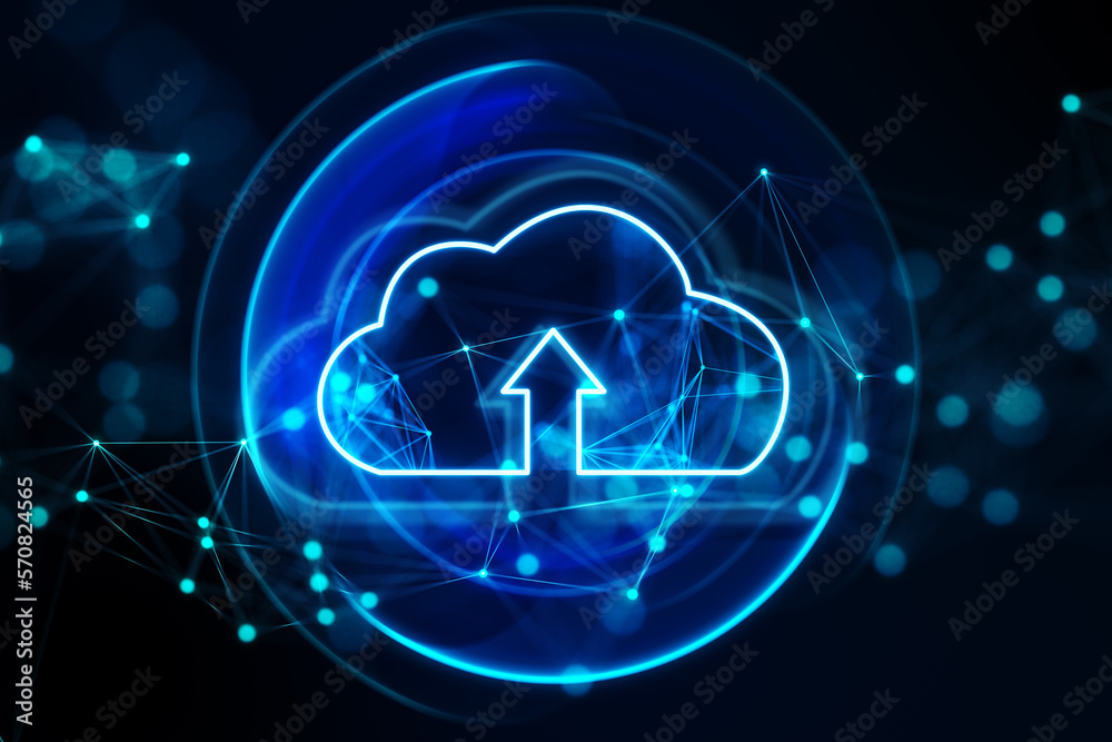 Aufkleber Cloud computing and modern business technology concept with digital arrow in cloud symbol with glowing circles on dark background with geometrical lines and blurred dots. 3D rendering