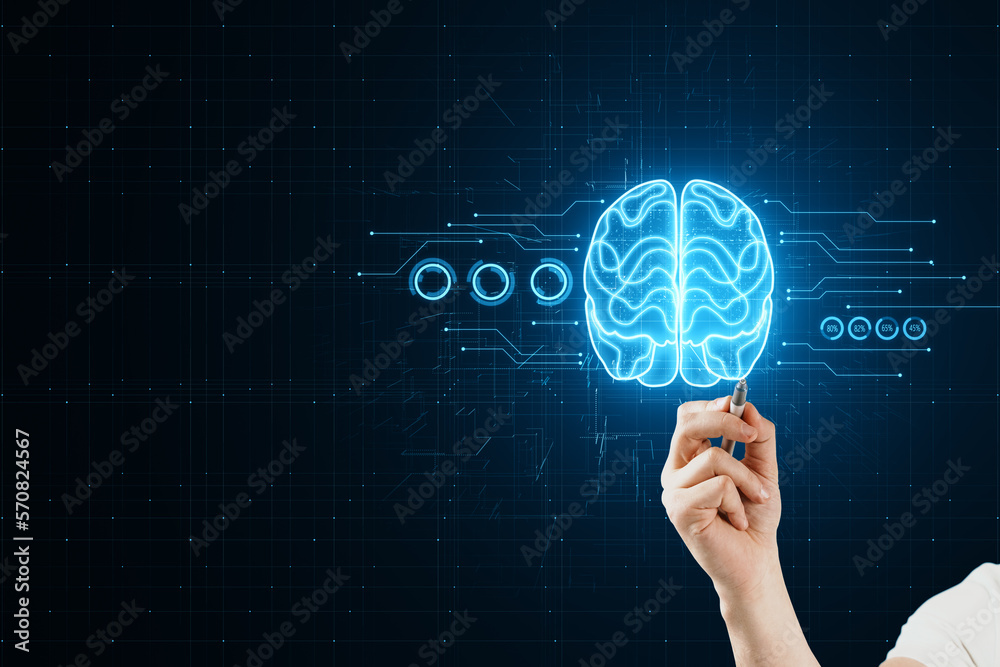 Poster close up of male hand with pen pointing at or selecting glowing brain hologram on blurry dark circui