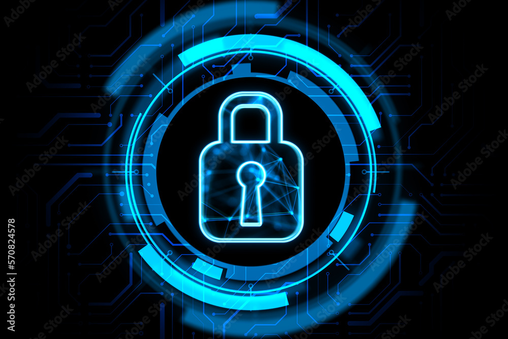 Aufkleber Security technology and management concept with digital blue pad lock symbol in microcircuit circle on abstract dark background. 3D rendering