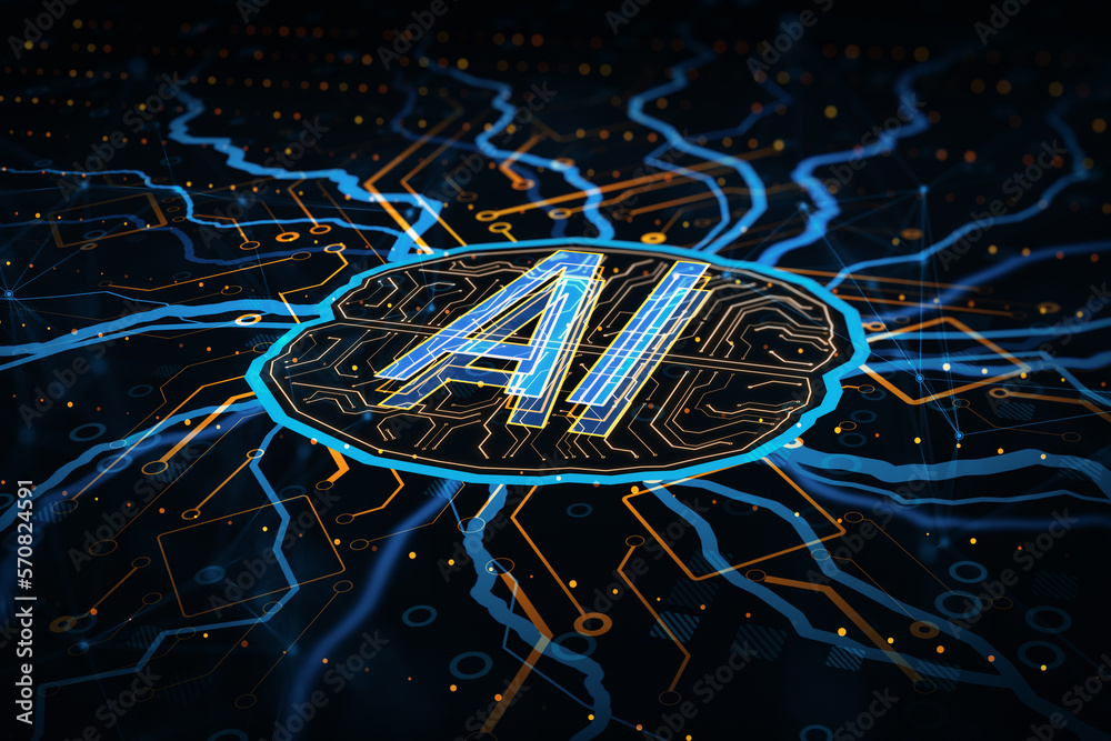 Poster Creative circuit brain hologram on dark background. AI, artificial intelligence, machine learning and neurology concept. 3D Rendering.