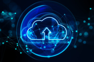 Obraz na płótnie Canvas Cloud computing and modern business technology concept with digital arrow in cloud symbol with glowing circles on dark background with geometrical lines and blurred dots. 3D rendering