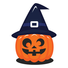Jack O Lantern Pumpkin with cute kind face expression wearing witch  hat vector flat design art in cute style and smiling face. perfect for halloween content material element  icon ready use editable