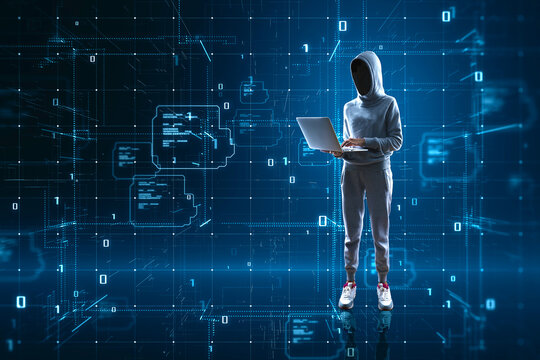 Hacker using laptop with glowing tech metaverse grid on blurry background. Connection technology, hacking and laser mesh concept.