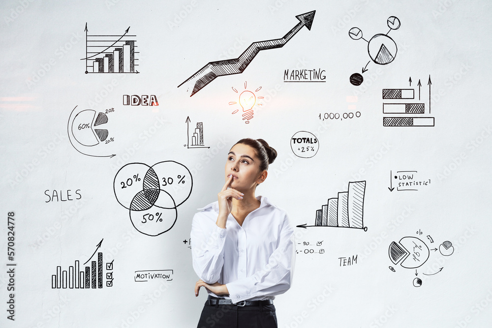 Aufkleber business data analysis and idea concept with pensive woman on light wall with hand written stats ind