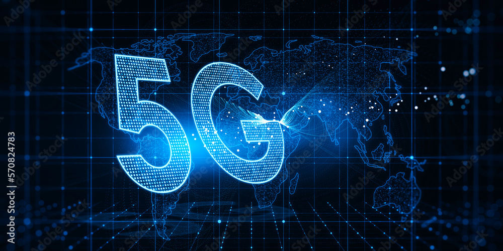 Fototapete Wireless network and high speed internet connection concept with perspective view on 5g icon and digital world map on abstract dark technological background. 3D rendering