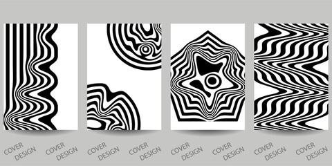 Fototapeta na wymiar Trendy template for design cover, poster, flyer. Layout set for sales, presentations. Minimal geometric background in black and white with wavy, striped print