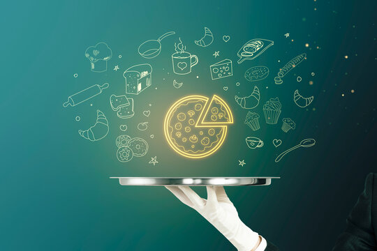 Food Delivery And Online Cooking Courses Concept With Digital Yellow Pizza Surrounded By Pastry And Coffee Cup Icons Above Human Hand In White Glove With Metallic Tray On Abstract Green Background