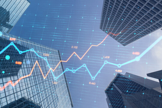 Creative glowing business chart on blurry city backdrop. Stock, growth and financial graph concept. Double exposure.