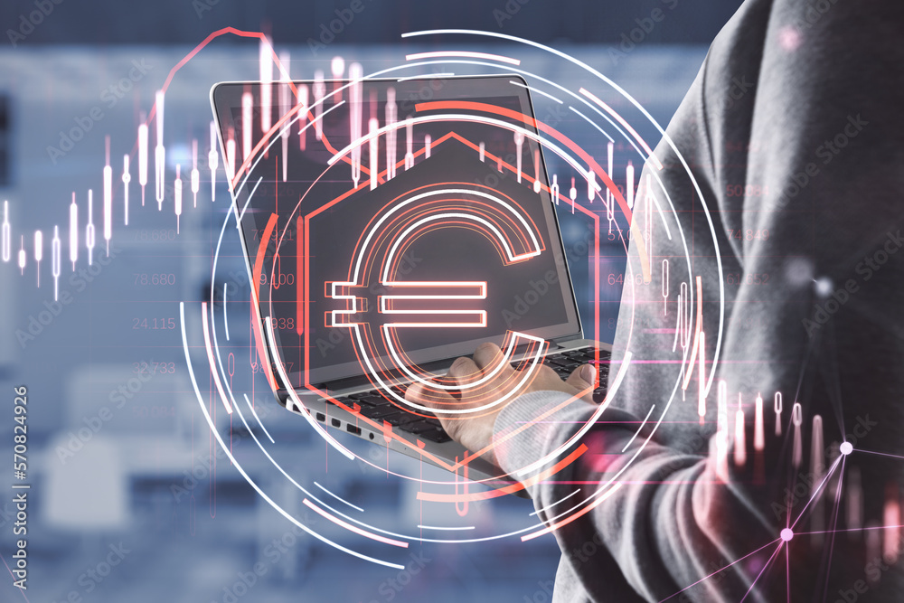 Poster close up of hacker hands using laptop with downward red euro candlestick chart on blurry office inte
