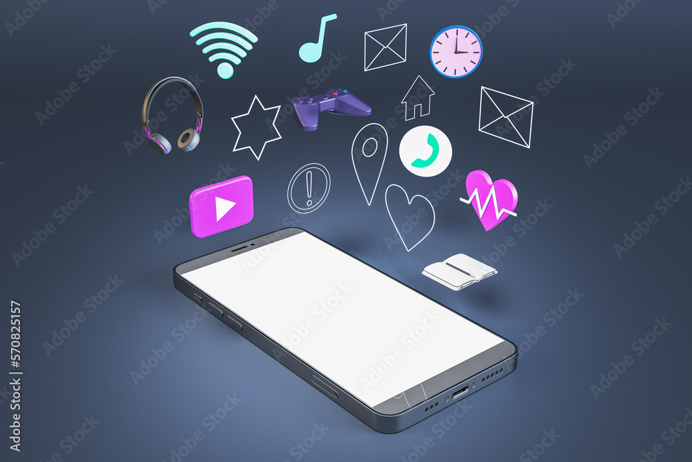 Poster Empty white mock up smartphone screen with media and lifestyle icons on blue background. Mock up place. 3D Rendering.