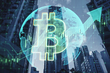 Digital money, cryptocurrency and investing concept with glowing bitcoin symbol, rising financial chart candlestick, arrow and world map globe on city bottom view background, double exposure
