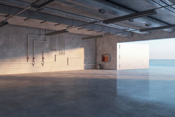 Perspective view on blank concrete glossy floor in empty underground loft style area for product presentation with sunlit wall background. 3D rendering, mockup