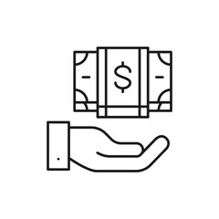 Hand holding pile of money banknotes lineal icon. Cash payment, paper bill, dollar symbol design.