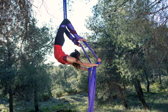 Young girl acrobat. Practicing aerial silks. Woman doing circus stunts with clothes in the forest. Scorpio position.