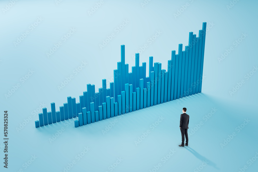 Poster bullish market and analyzing concept with businessman back view looking at big graphic financial cha