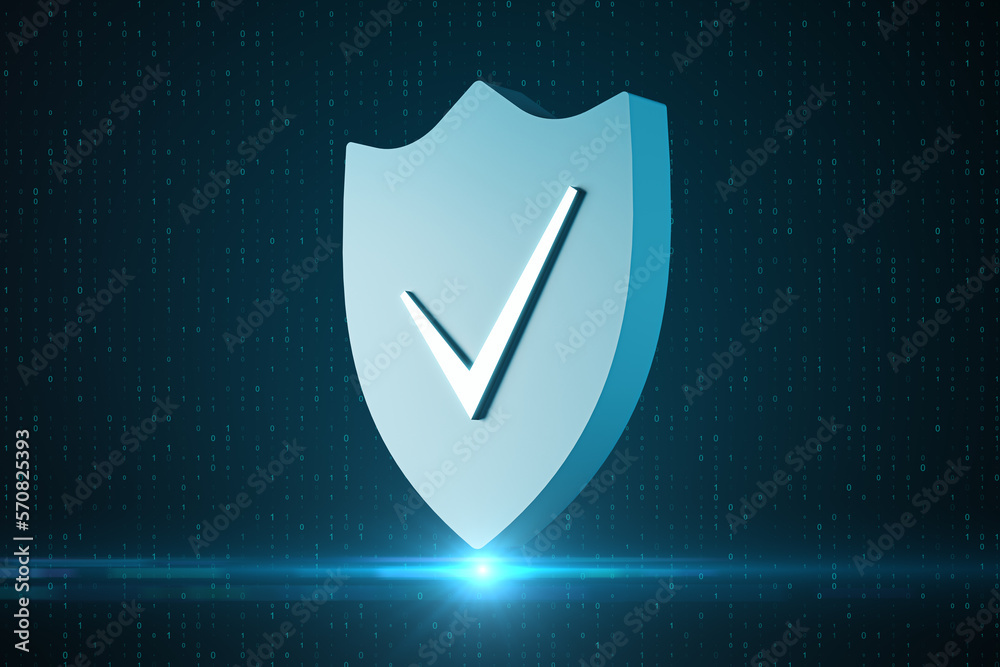 Poster Cyber security and network protection concept with check mark on light blue shield on dark background with binary code and illuminating spot. 3D rendering