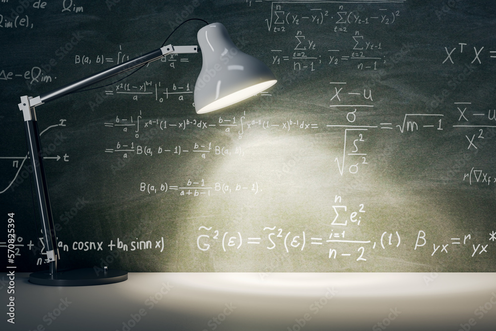 Poster Front view on chalkboard with mathematical formulas background with place for product presentation illuminated by white table lamp. 3D rendering, mock up