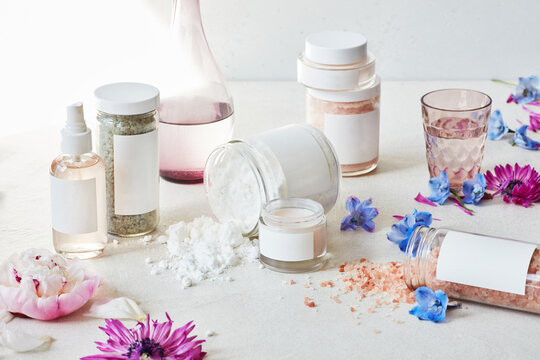 Collection of bath salts with flowers