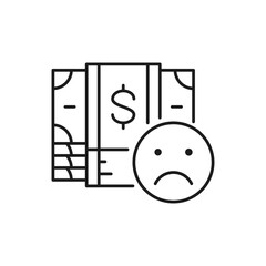 Dollar banknotes with sad face, bankruptcy lineal icon. Cash payment, paper bill, dollar symbol design.