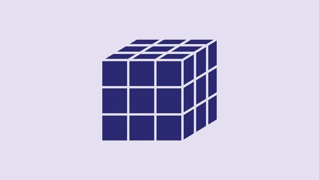 Blue Rubik cube icon isolated on purple background. Mechanical puzzle toy. Rubik's cube 3d combination puzzle. 4K Video motion graphic animation