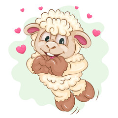 Cartoon Sheep in Love. Clipart.. A cute sheep in love shows a heart with its paws. Positive design, Children's mascot.