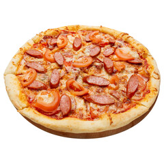 Large Italian pizza with tomatoes and sausage slices, side view, on a white background, isolate