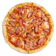 Large Italian pizza with tomatoes and pieces of hunting sausage, flat lay, on a white background, isolate
