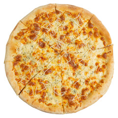 Large Italian pizza with several types of cheese, flat lay, on a white background, isolate